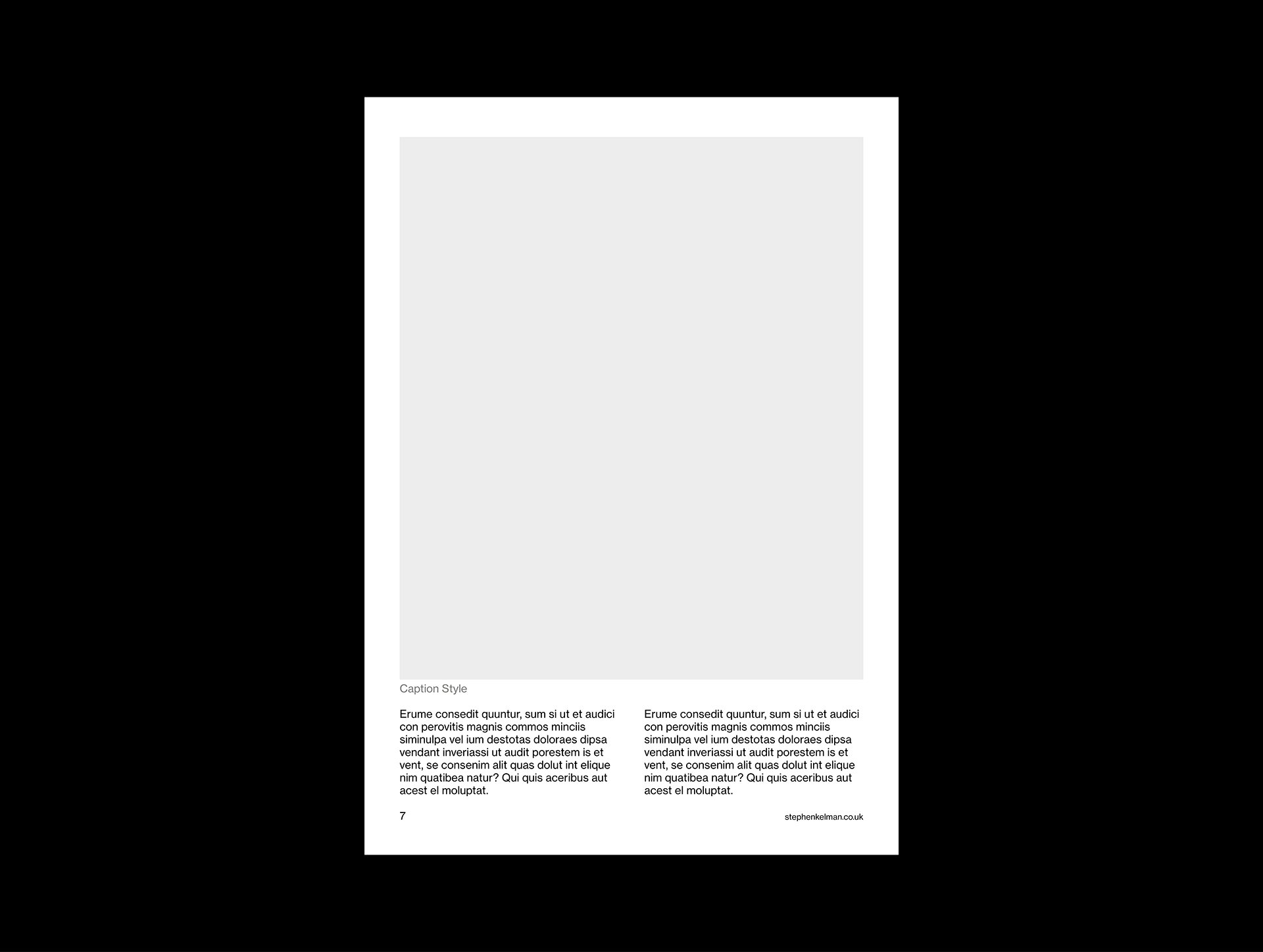 Page design for an eBook template. This page shows a large image with caption and two small paragraphs of body copy