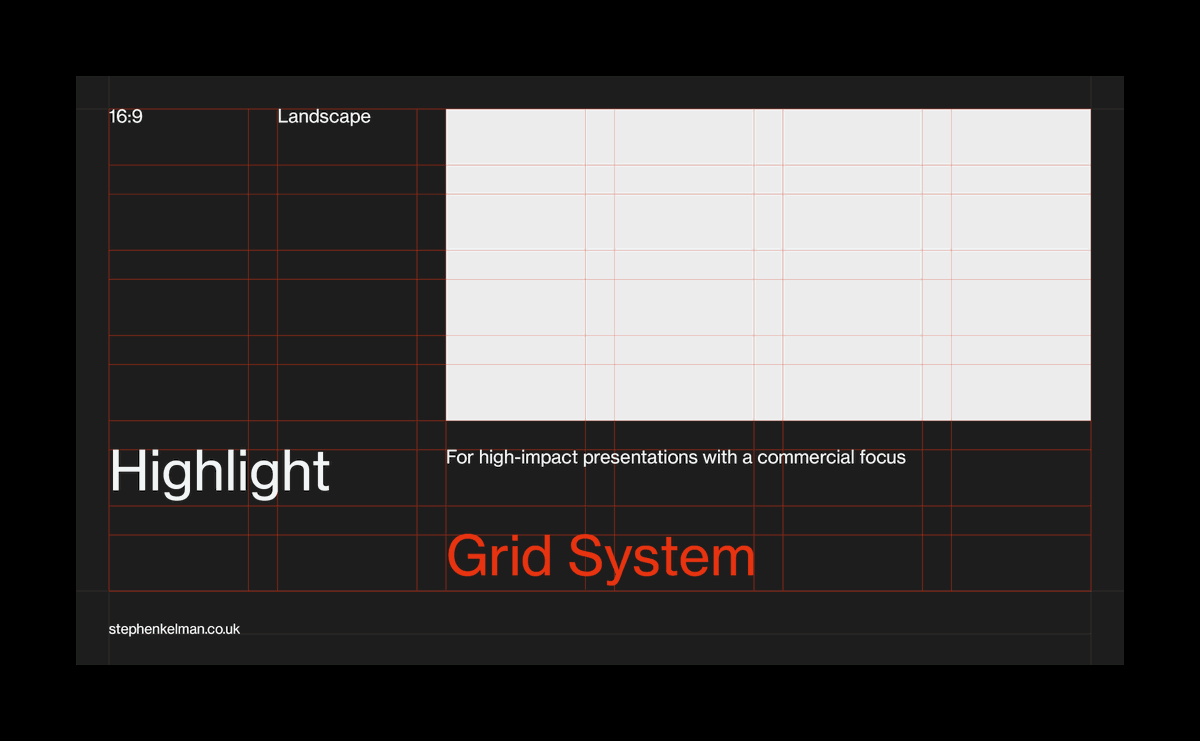 16:9 landscape presentation grid system with modular columns and baseline grid