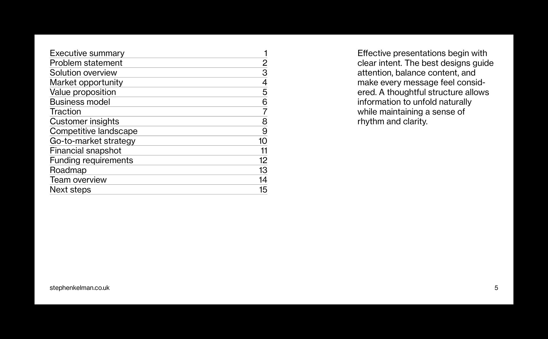 Table of contents slide from a 16:9 presentation template featuring a structured grid-based layout