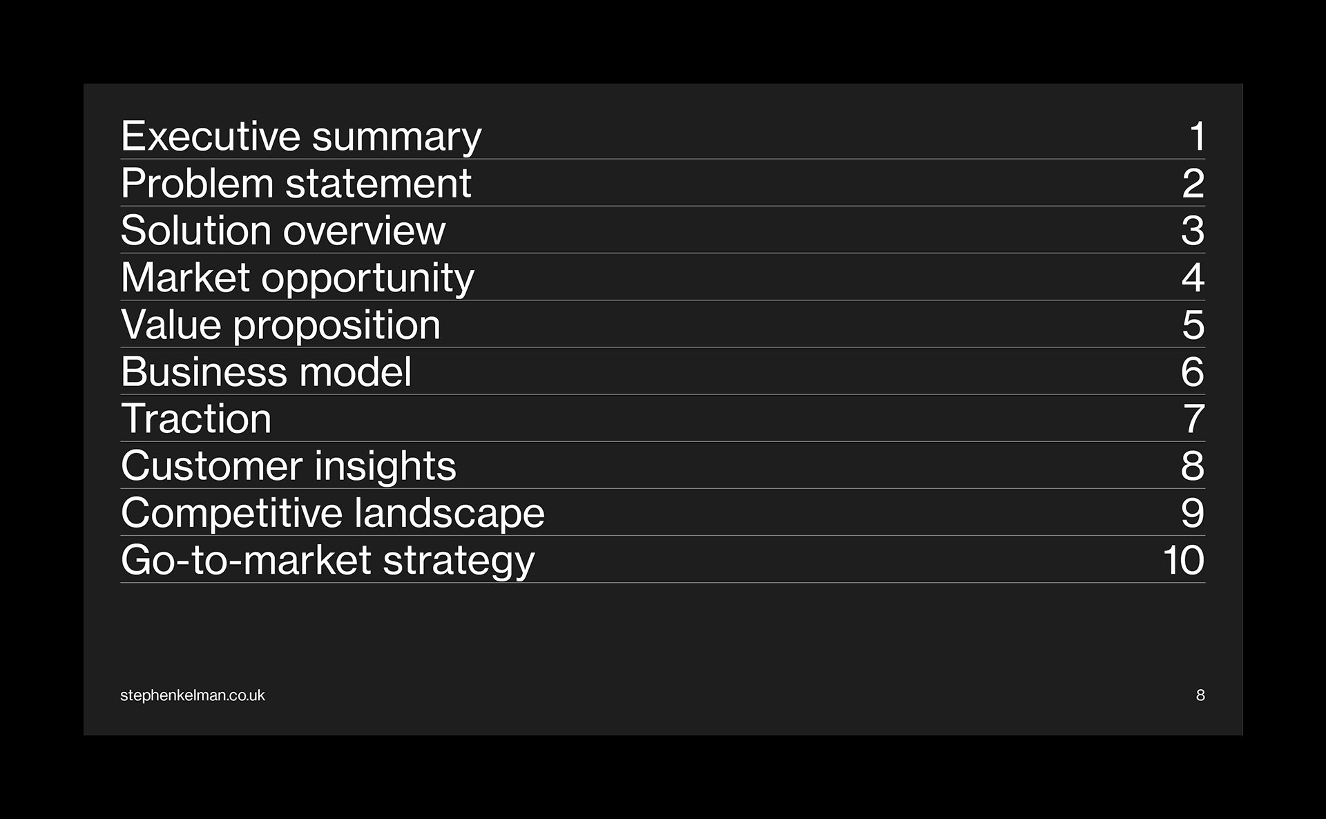 Agenda slide layout from a 16:9 business presentation template