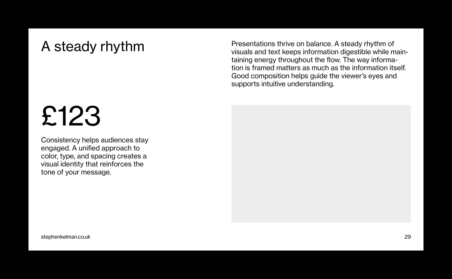 Presentation slide combining a featured metric, editorial content and supporting image