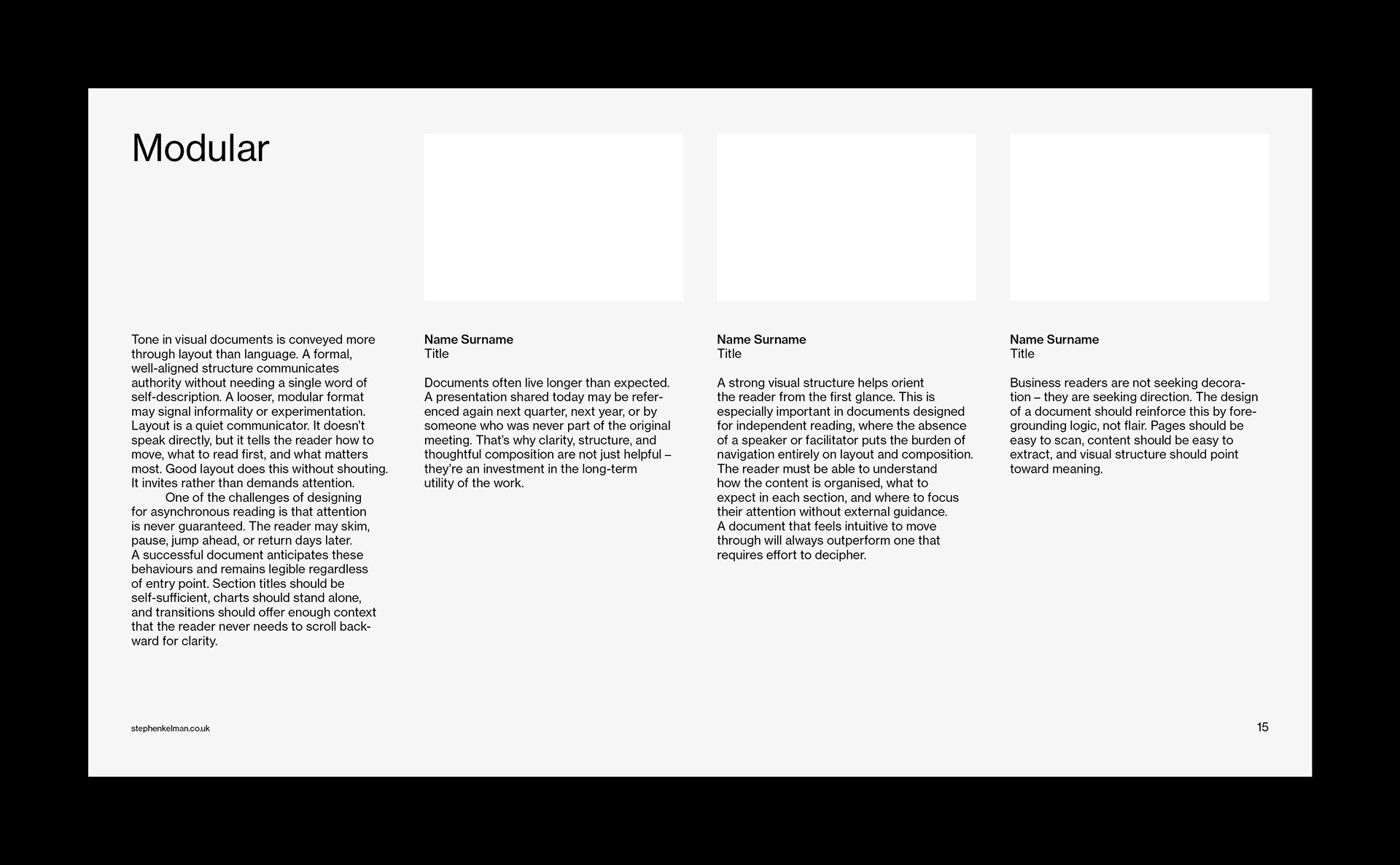 Modular grid with columns, image slots, and text blocks on grey background.
