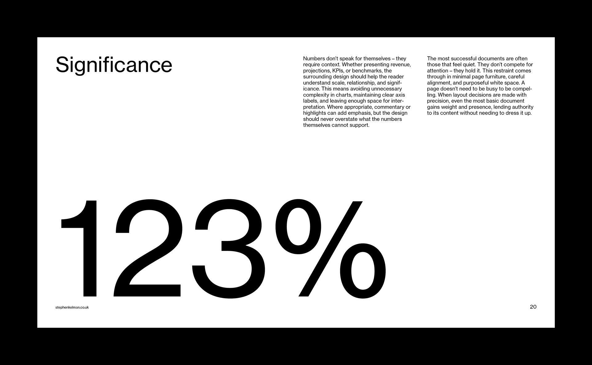 Minimal slide with oversized ‘123%’ and supporting context on design clarity and significance.