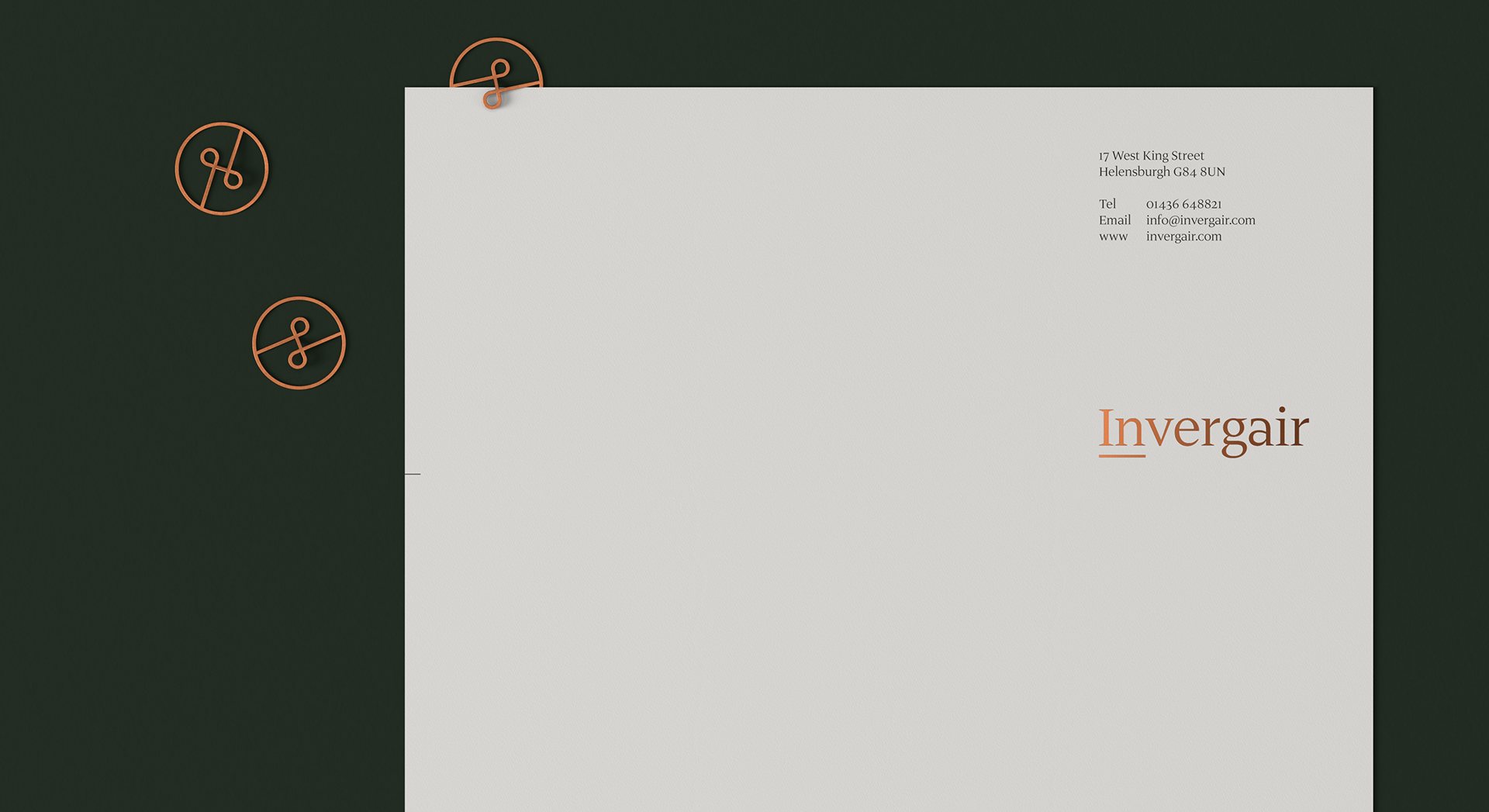 Invergair letterhead and copper paper clips