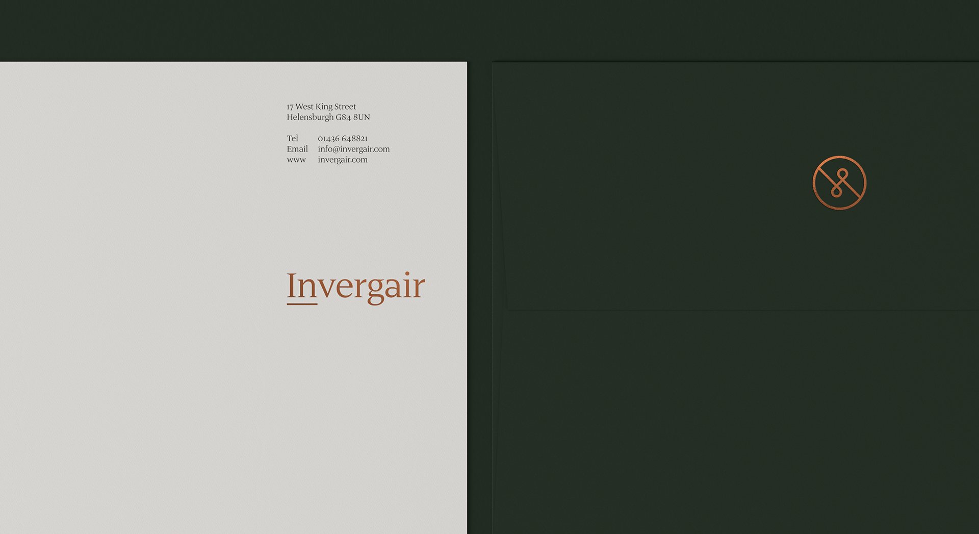 Invergair letterhead and envelope with copper foil