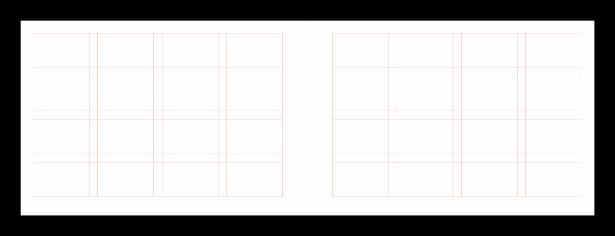 Two-page grid system template with equal divisions for luxury watch manual layout structure