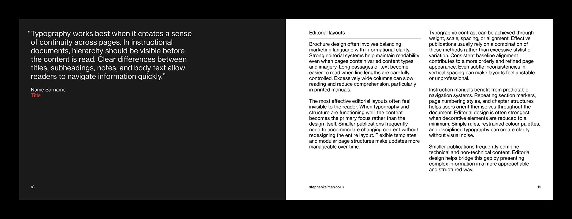 Brochure pages with dark and light layout variations and multi-column design for watch manual