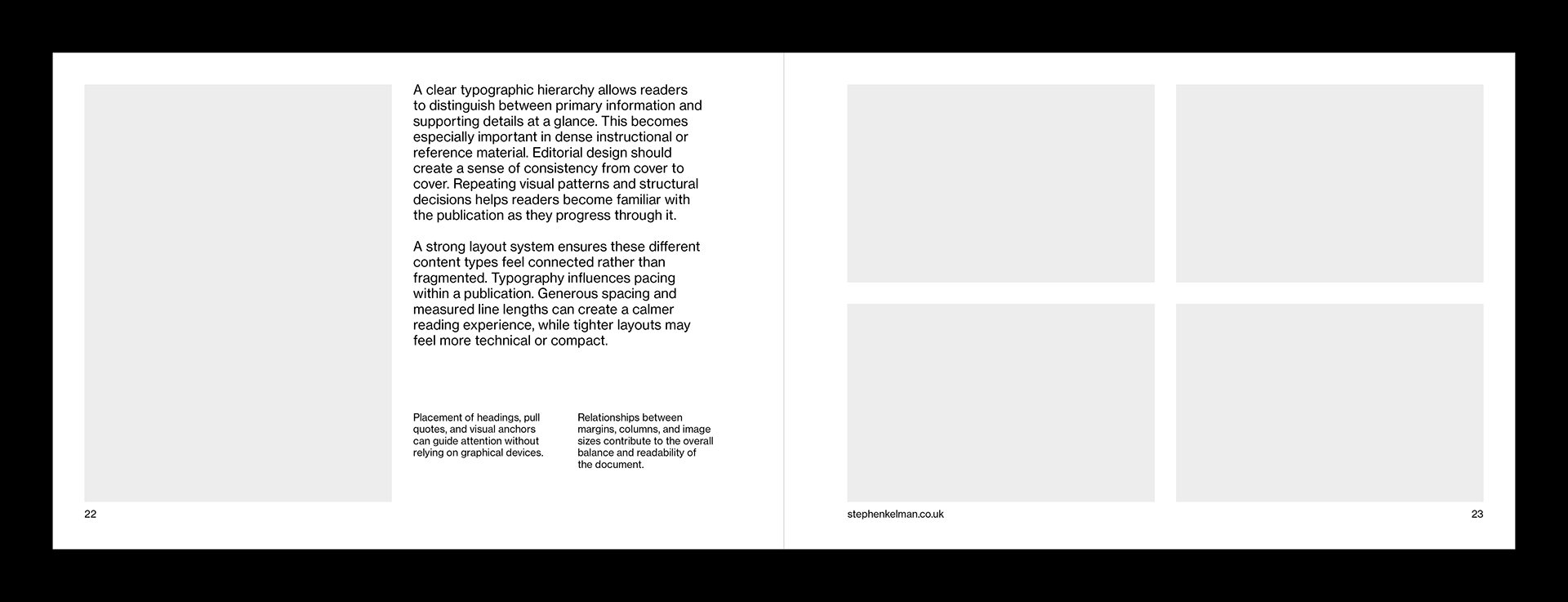 Manual pages displaying text and image layout areas with modular grid structure framework