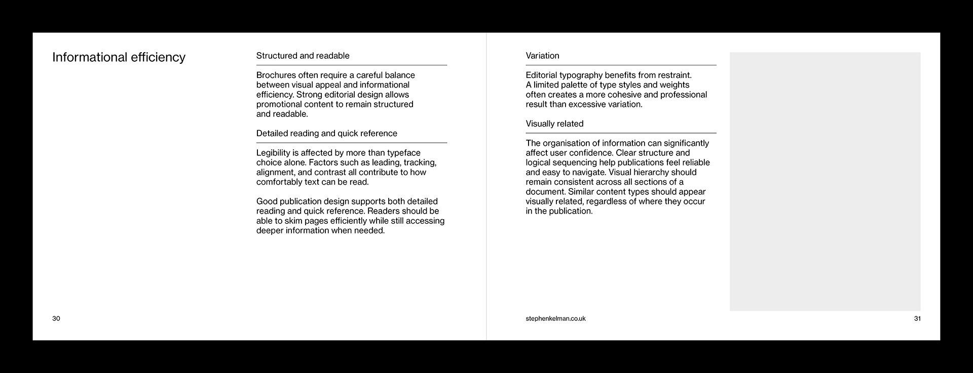 Manual pages demonstrating information hierarchy with section headings and layout variations