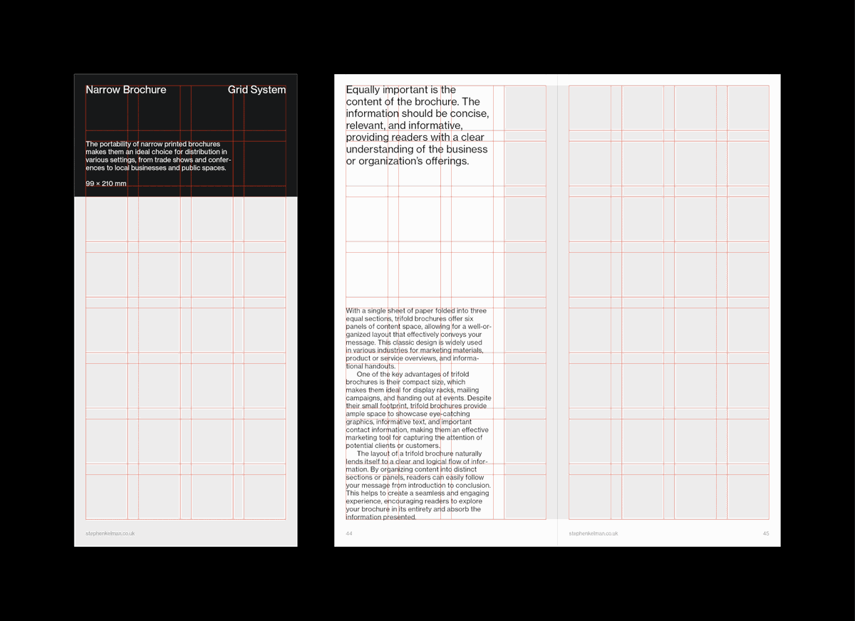 Cover and spread design for a narrow format grid system template. Visible grid lines