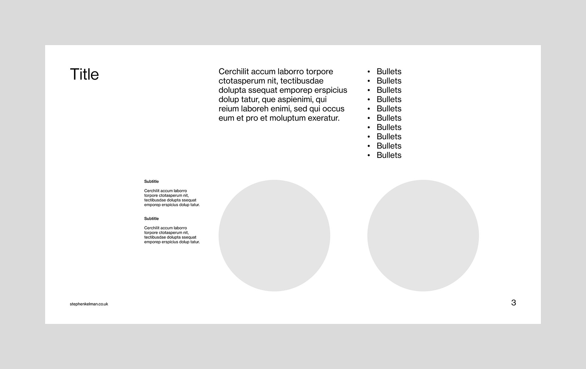 content page for a 16:9 presentation template. design features two large circular images and some text based content in different sizes