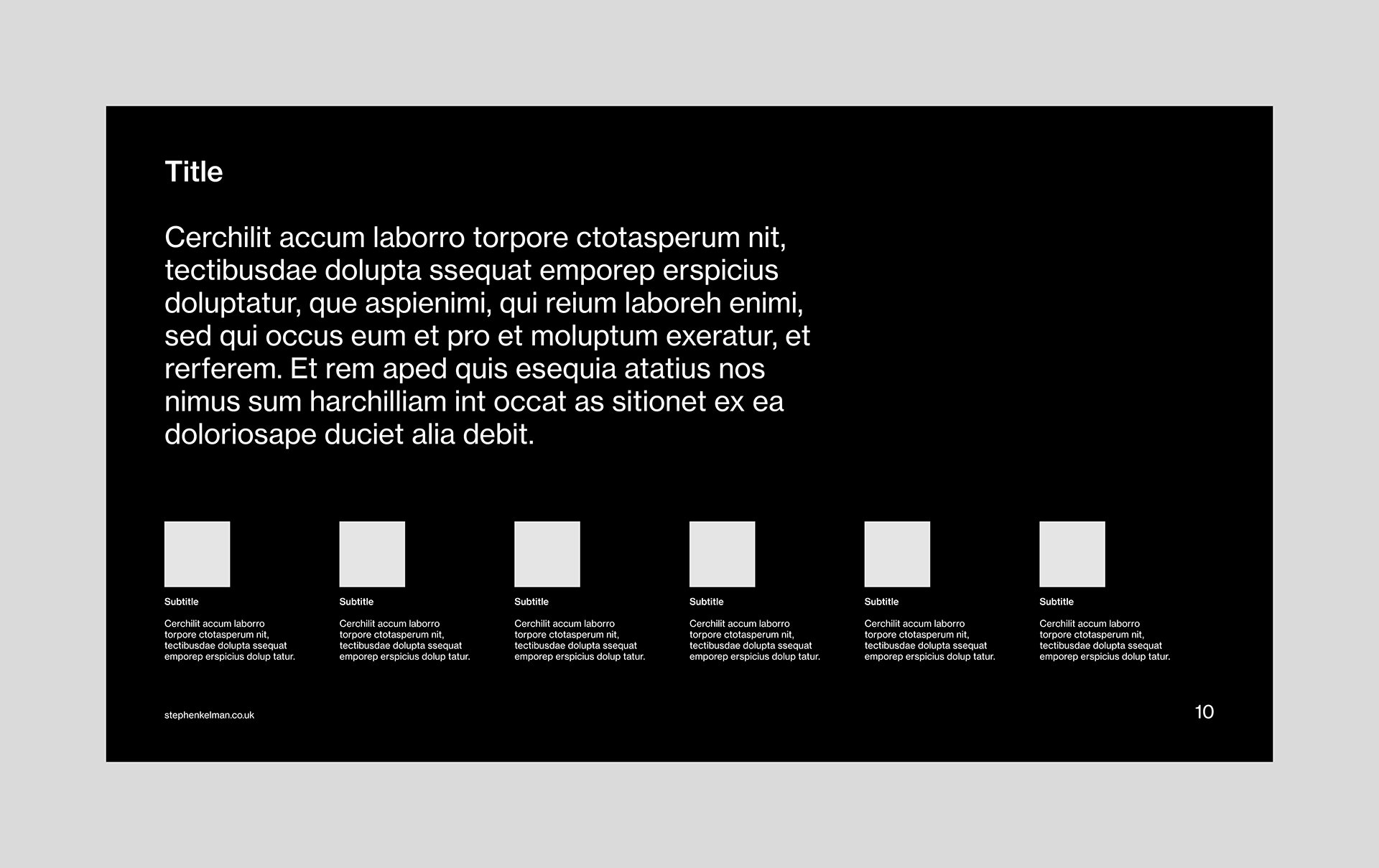 layout design for a 16:9 format Adobe InDesign template. This layout features one large paragraph of copy with a title above it. To the foot of the layout are six small, square images with captions