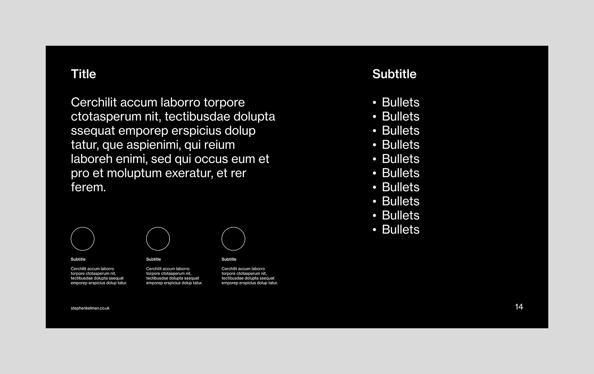 Layout for a 16:9 digital presentation template designed for Adobe InDesign. Layout features one large paragraph of text, three supporting paragraphs of text underneath, and one column of bullet points to the right