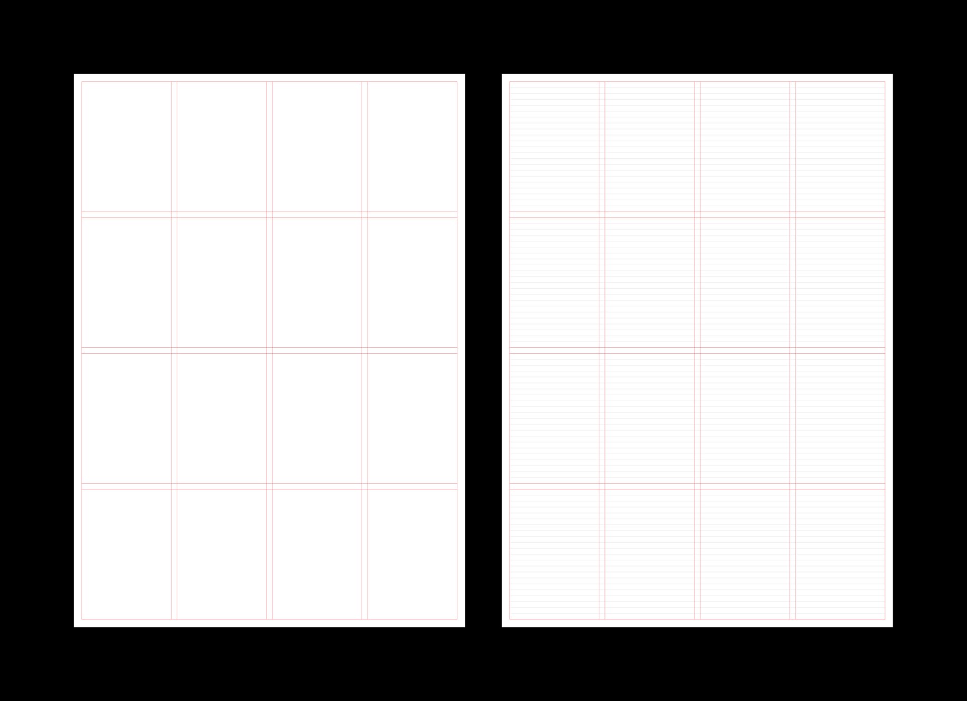 Two grid layout templates side by side; the left shows vertical and horizontal column guides, the right adds fine baseline grid lines.