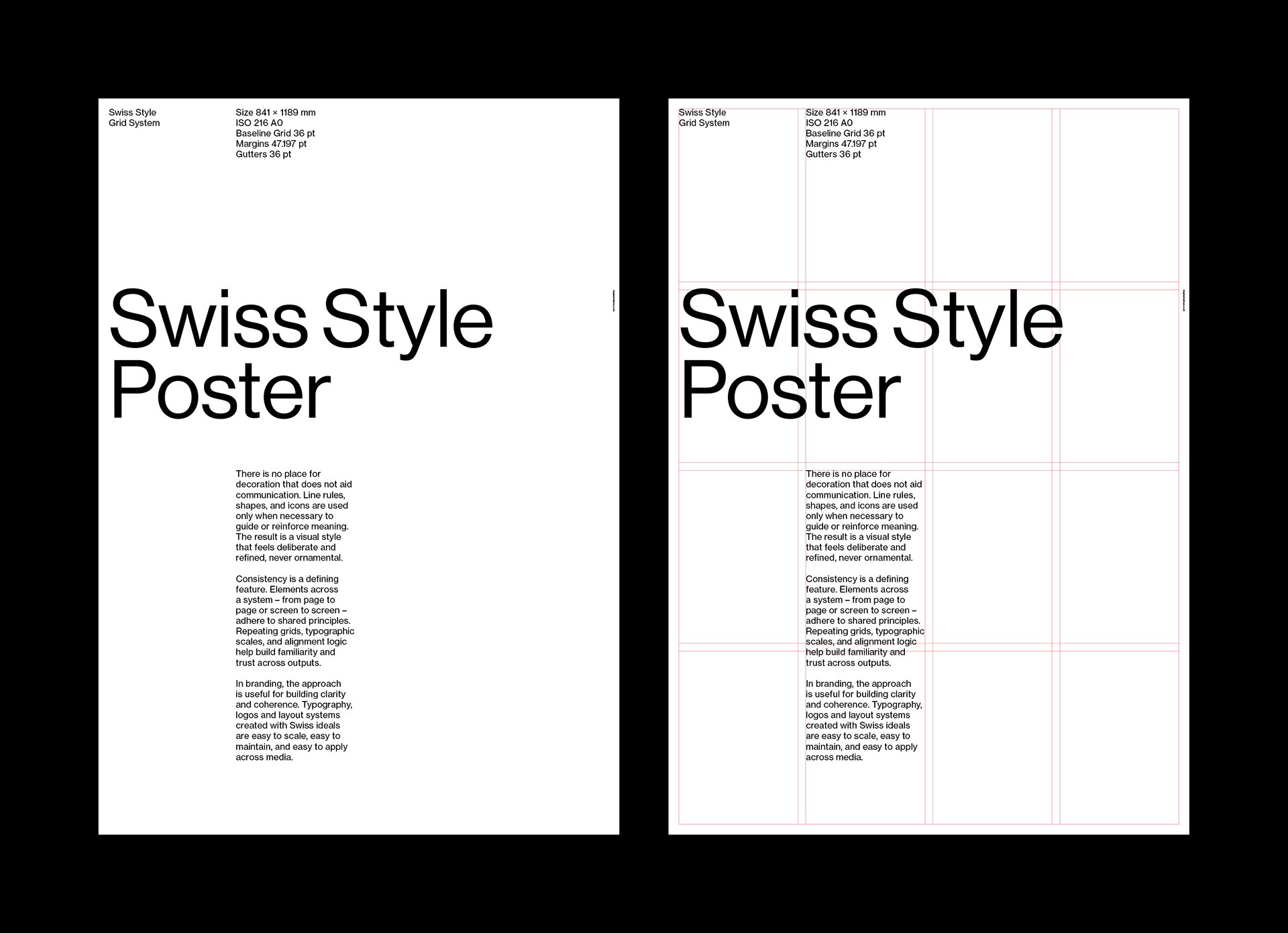 Two Swiss Style posters side by side; the left shows a clean typographic layout with heading and body text, the right displays the same design over a visible red grid system.
