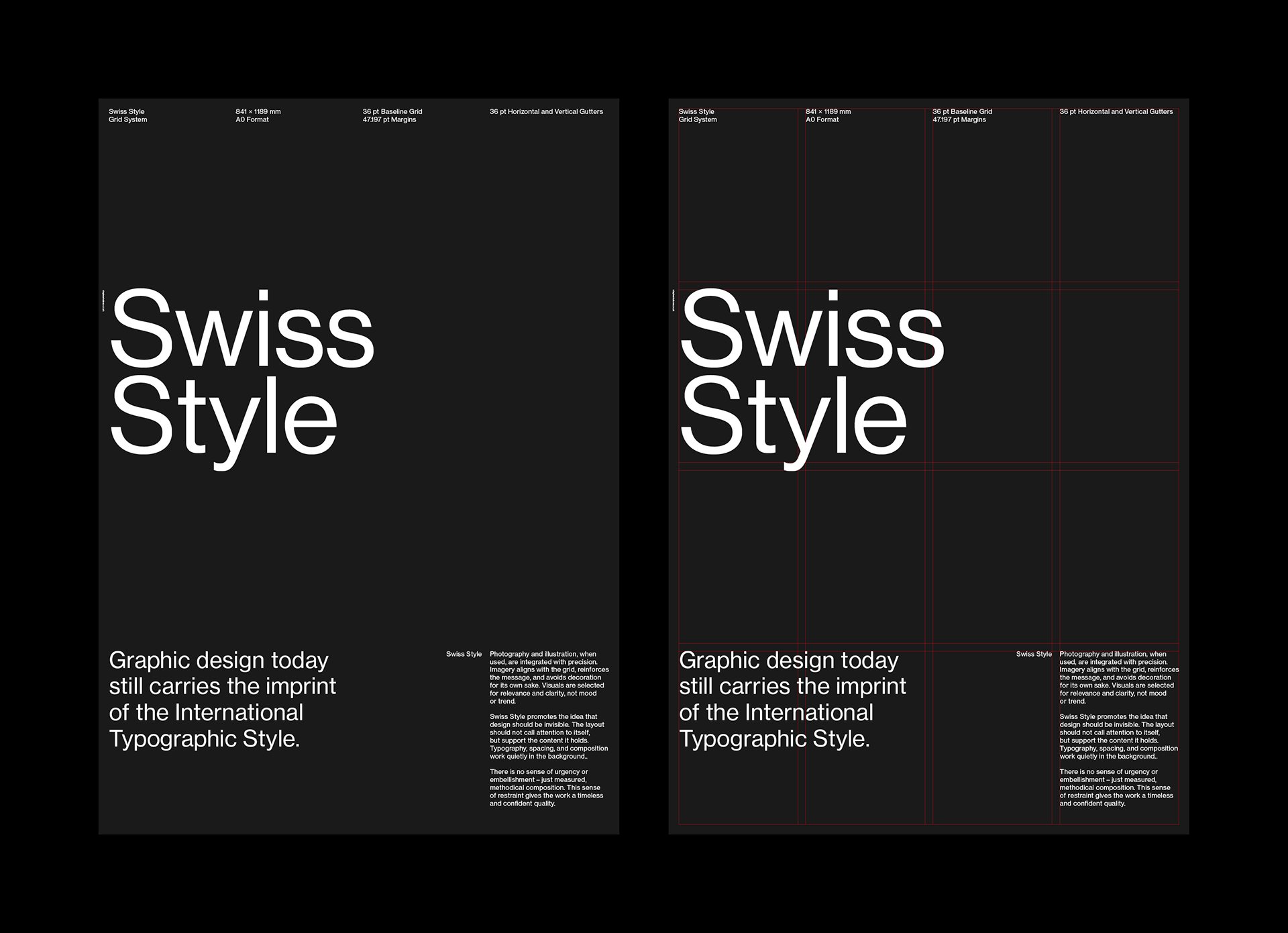 Two dark Swiss Style posters; the left features bold typography and layout information, the right shows the same design with a visible red grid overlay.