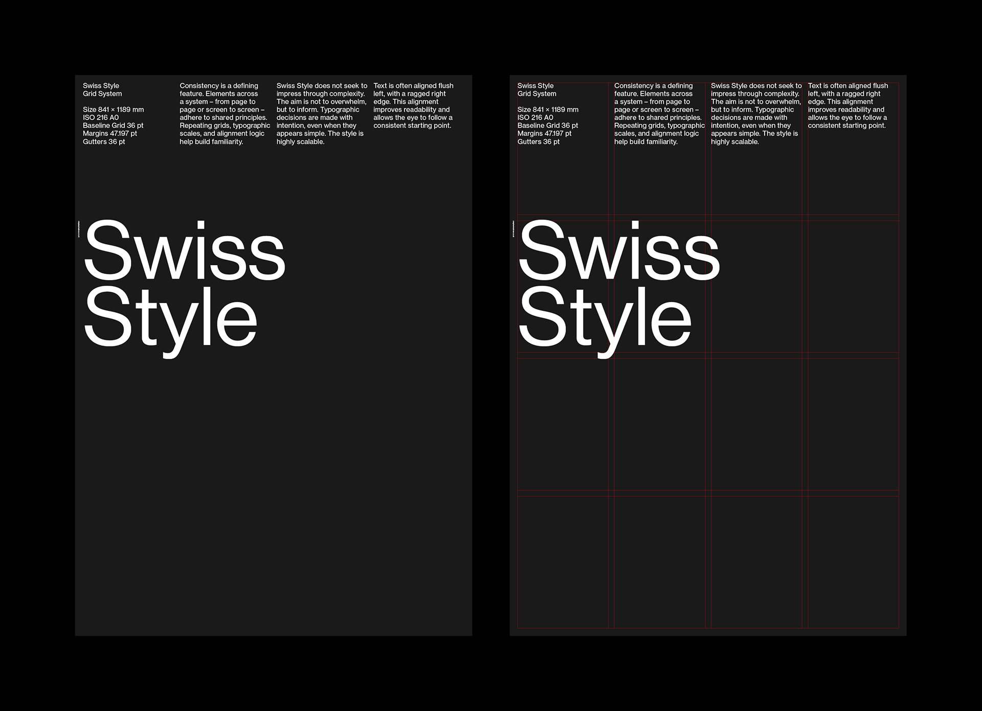 Two dark Swiss Style posters; the left features bold typography and layout details, the right shows the same design with a red grid system overlay.