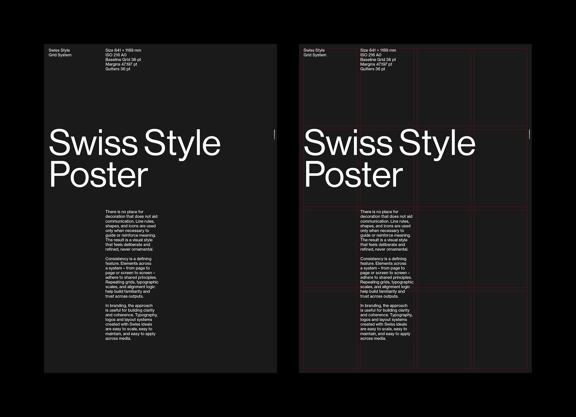 Two dark Swiss Style poster layouts; the left shows clean typography with layout specs, the right shows the same design over a red grid system.