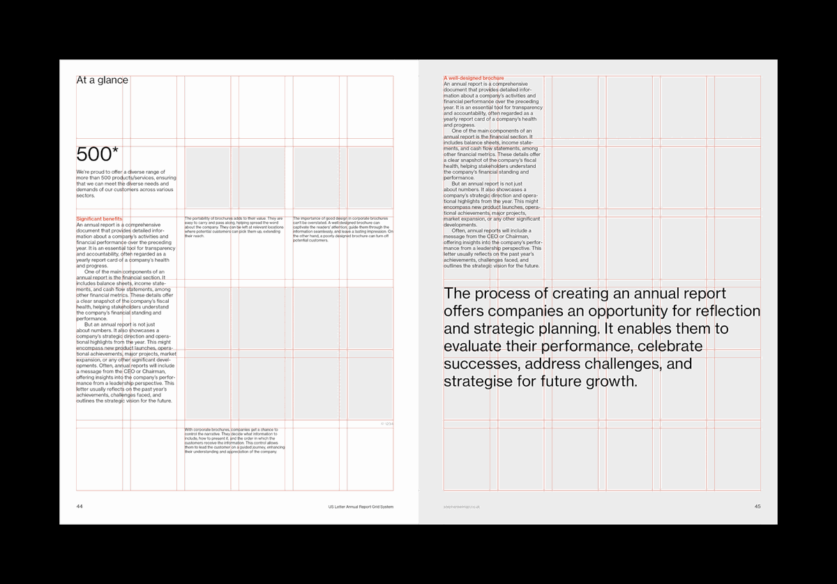 Animated gif showing layouts and modular grid for a US letter format annual report template for Adobe InDesign