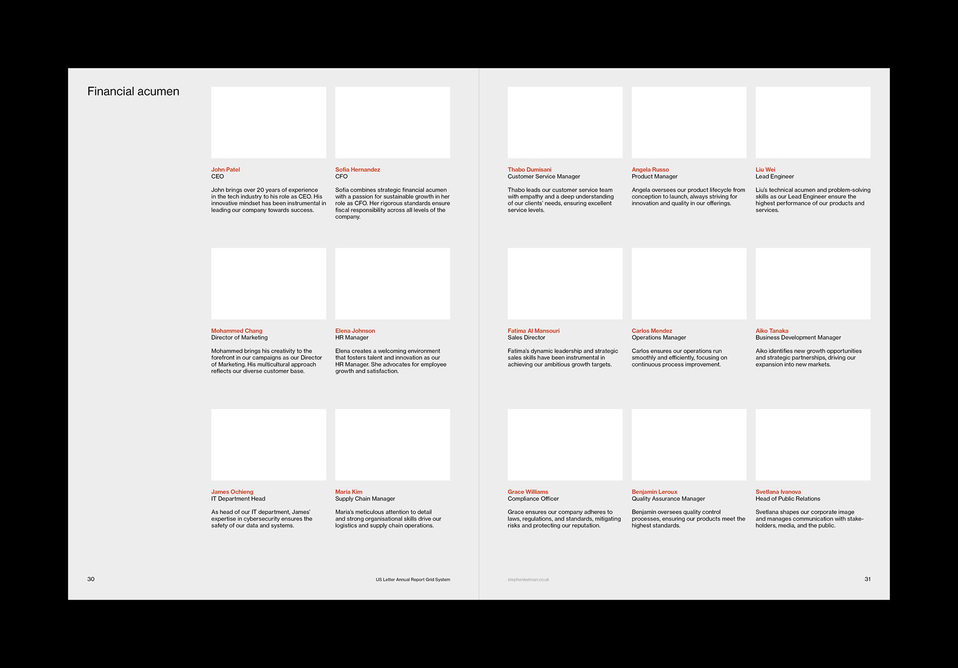 Brochure layout for a key staff page of an annual report