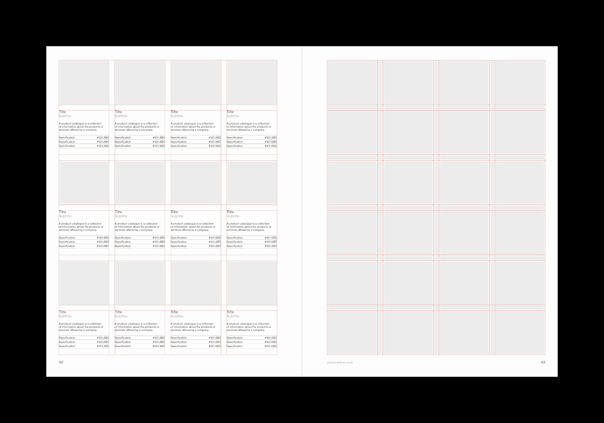 Animation showing visible grid system and Swiss style layouts for a US letter format Adobe InDesign catalogue template