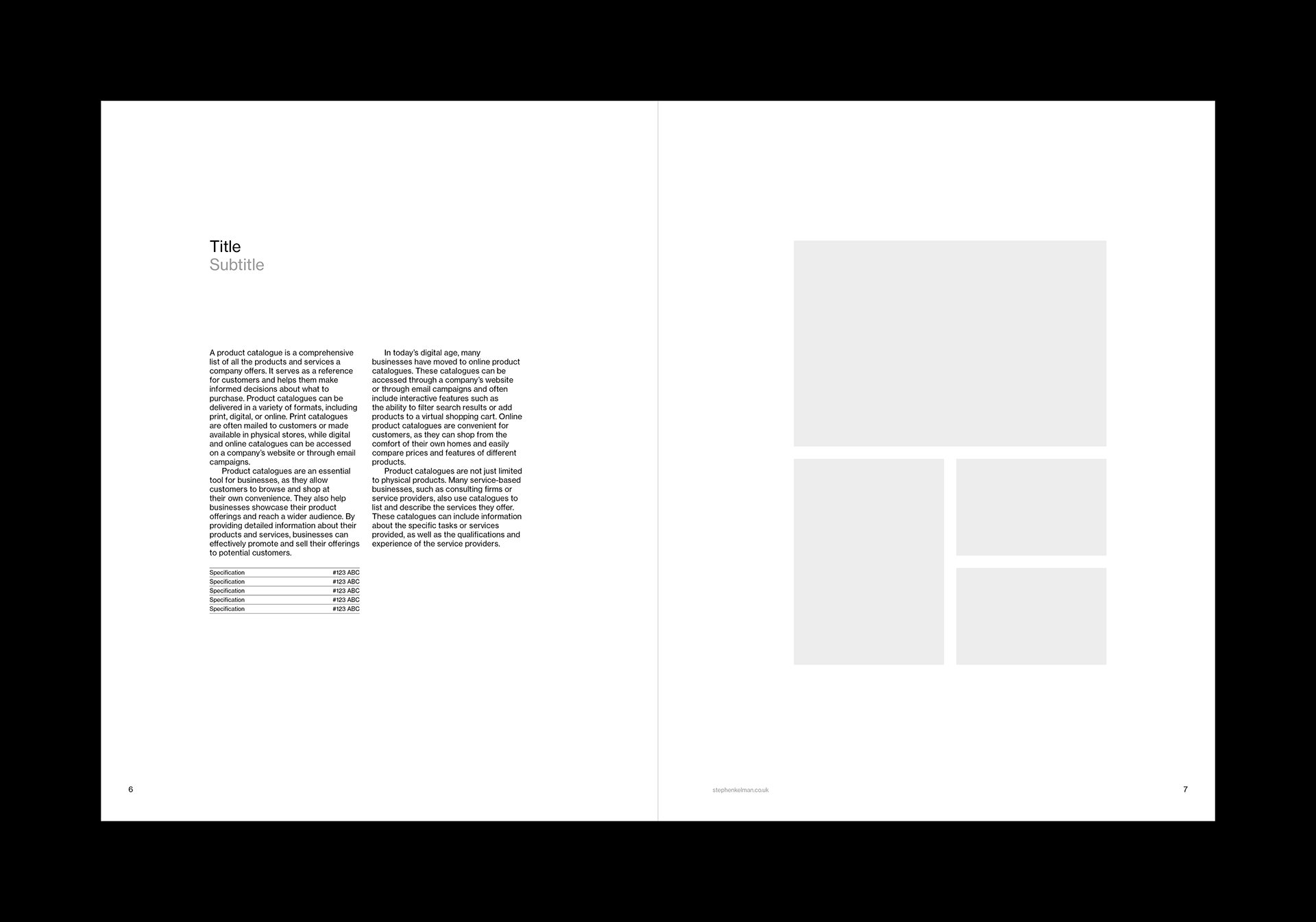 Interior spread of US letter format catalog template for InDesign. Spread features very large margins and text and images at a variety of sizes