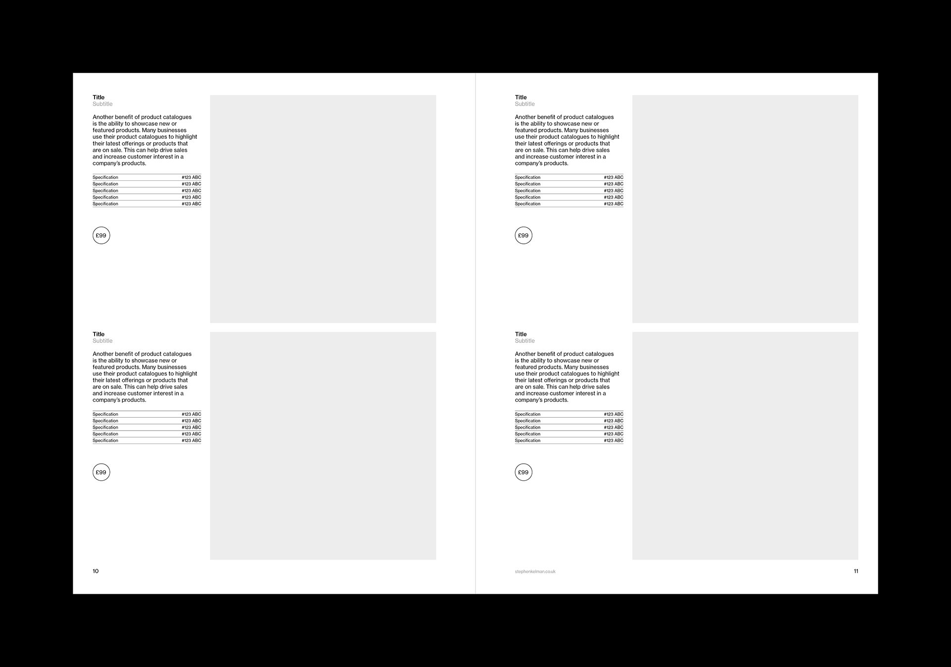 Products spread of a US letter catalog template for Adobe InDesign. Spread features four products with one paragraph of text for each and a large image