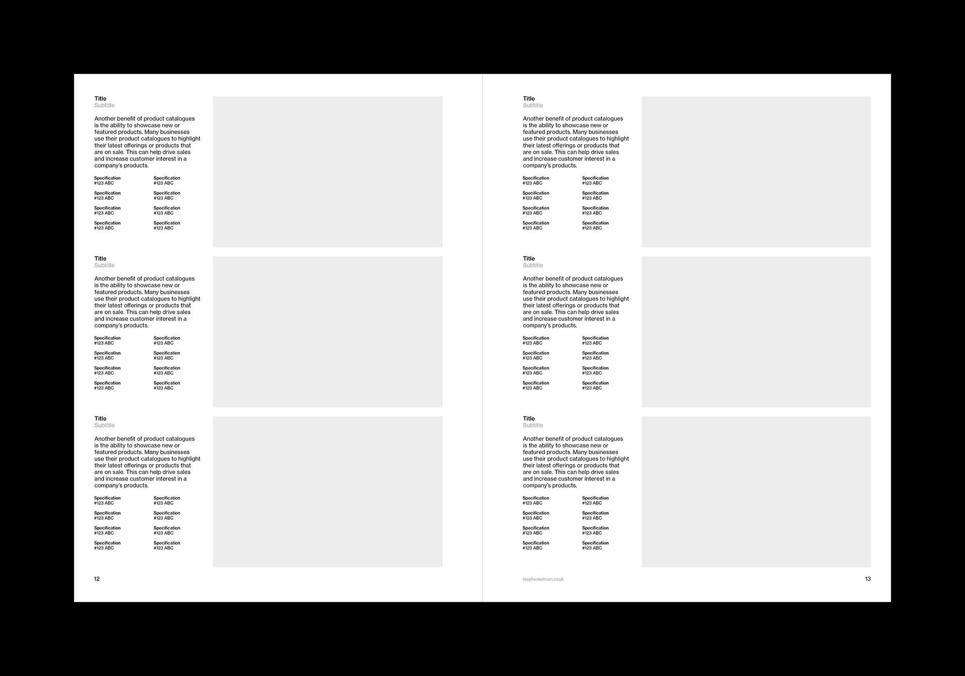 Products spread of a US letter catalog template for Adobe InDesign. Spread features six products with one paragraph of text for each and a large image