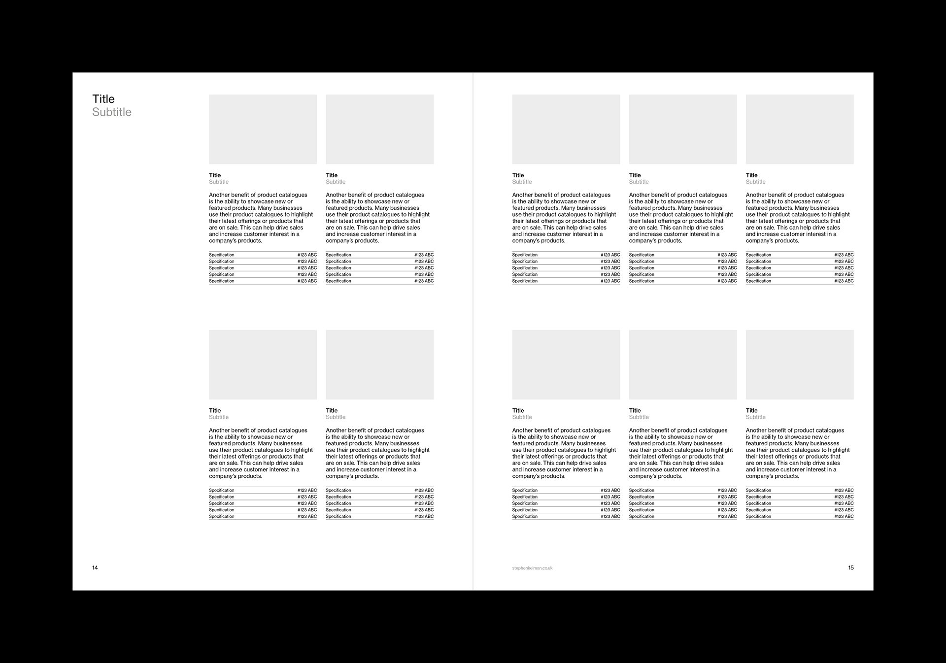 Products spread of a US letter catalog template for Adobe InDesign. Spread features ten products with one paragraph of text for each and a thumbnail-type image