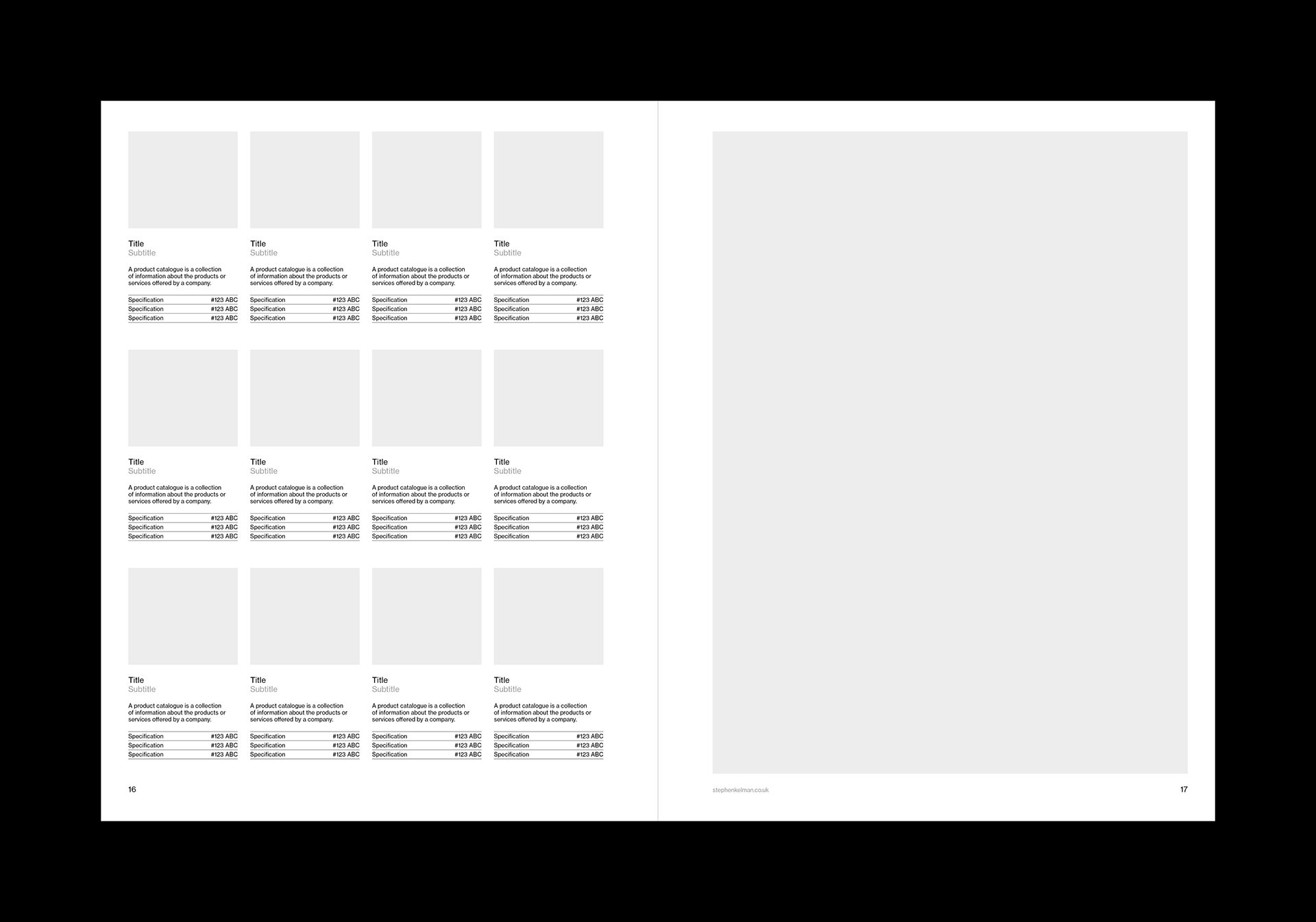 Products spread of a US letter catalog template for Adobe InDesign. Spread features 12 products with one paragraph of text for each and a thumbnail-type image. The right-hand page has a large image with border
