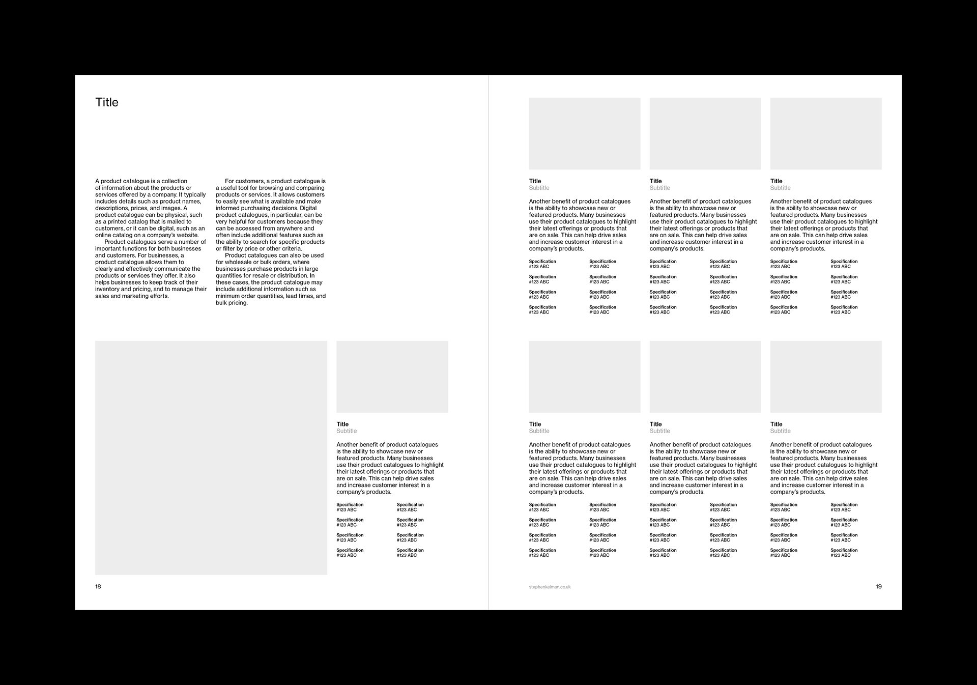 Interior spread typographic layout for a US letter format catalogue InDesign template. The left-hand page has some introductory copy and one product. The right-hand page as six products, descriptor copy, details and an image for each listing