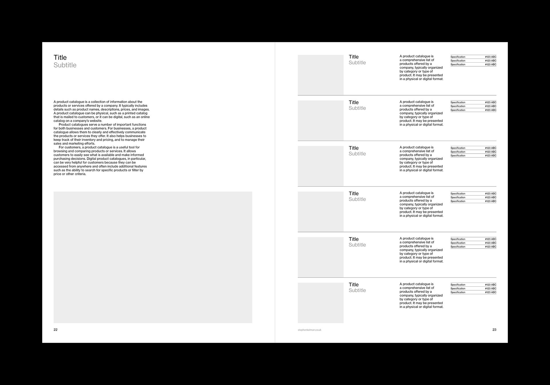 Spread layout design for a US letter InDesign catalogue template. Spread features introductory copy and image on the left. And six product listings in horizontal format to the right