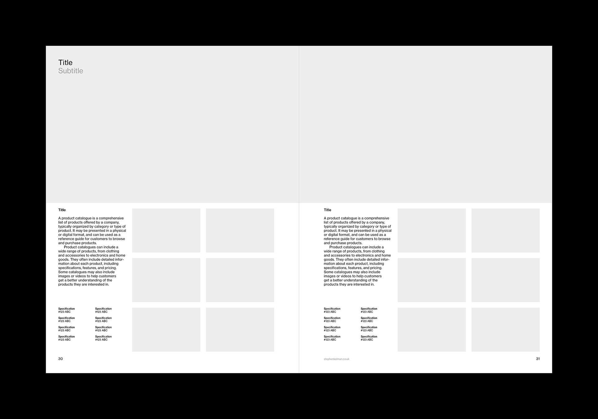 Typography layout for a US letter format catalog template designed for Adobe InDesign. Spread features one large image across both pages, with two product listings below