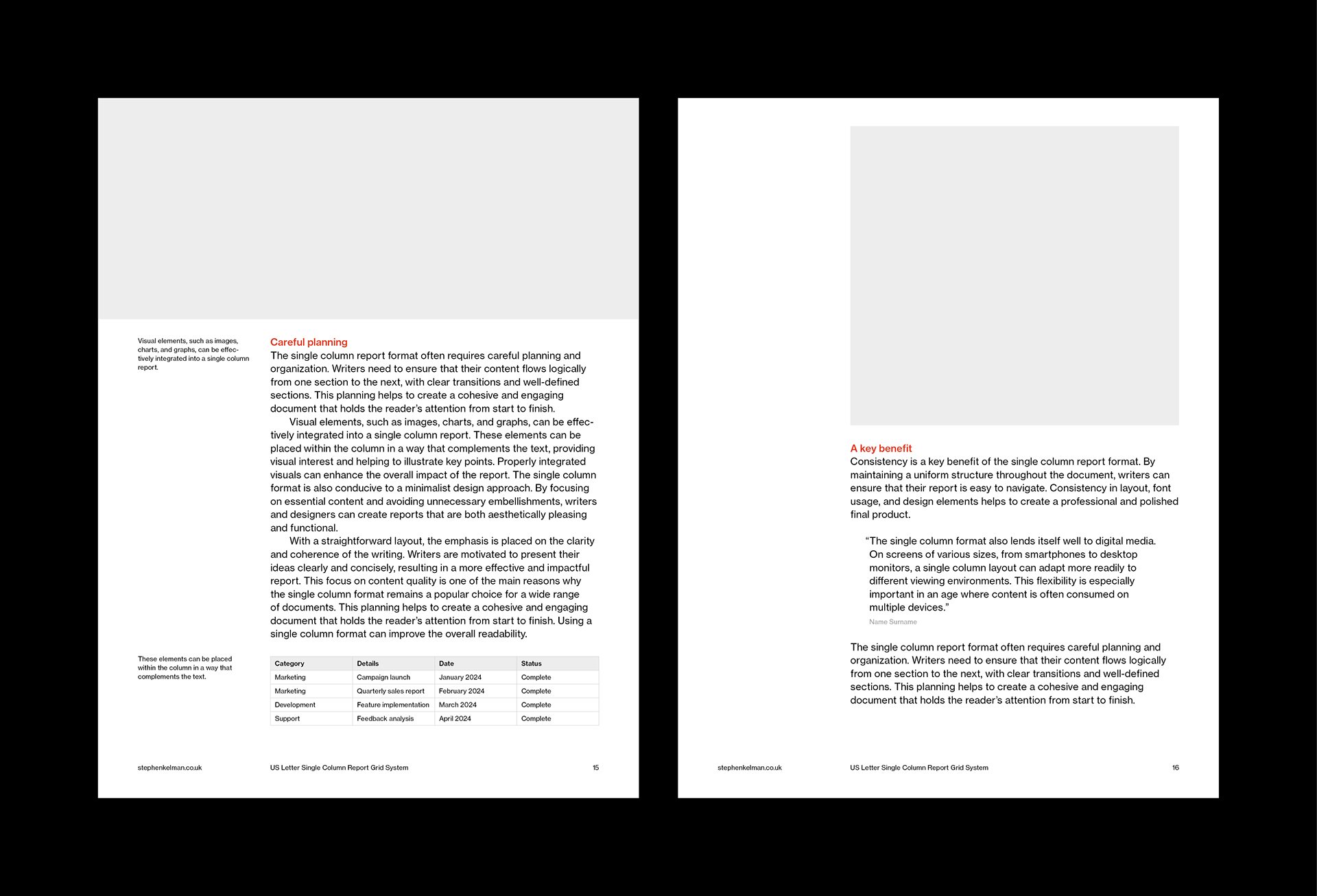 US Letter Single Column Report Grid System for InDesign