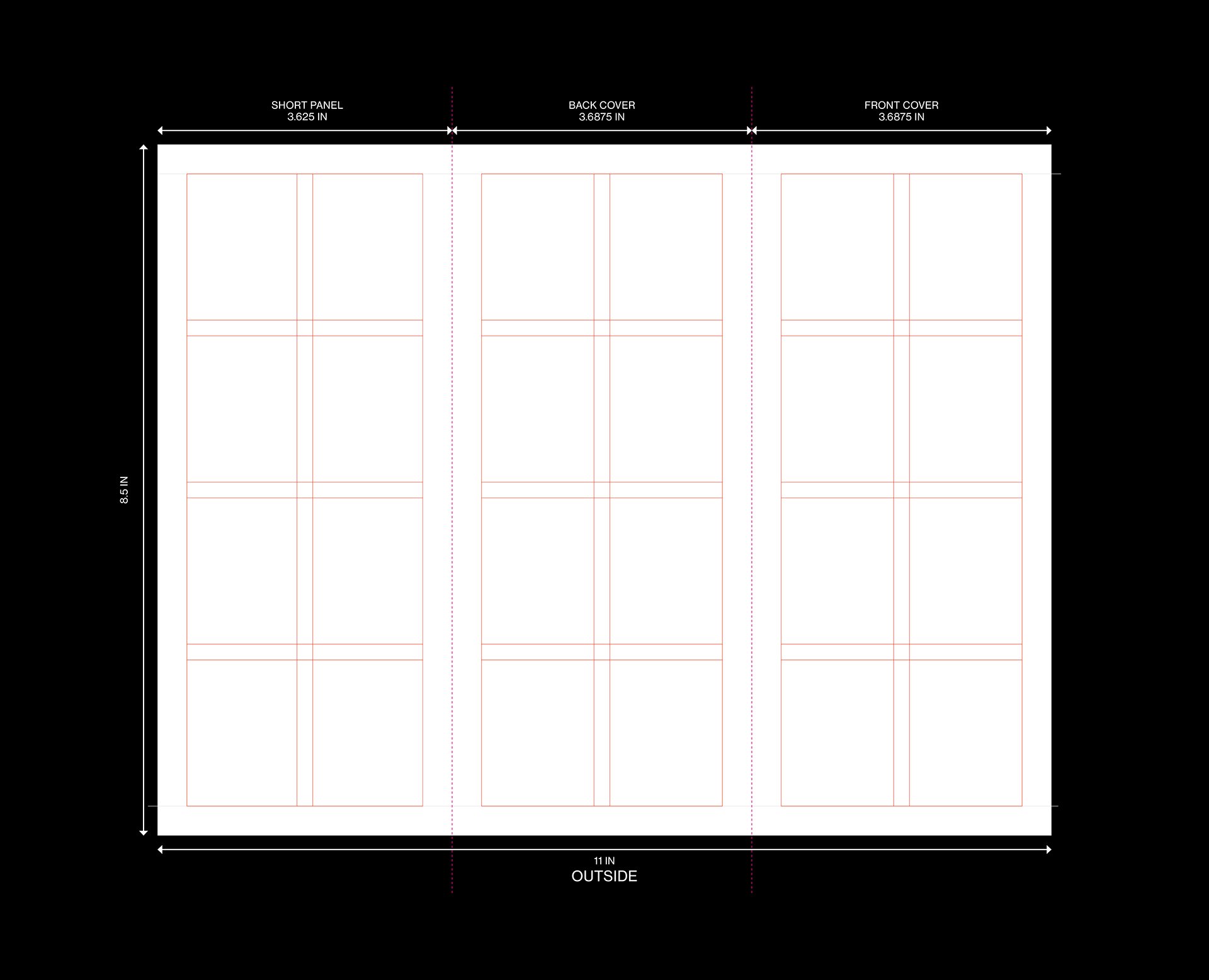 Fold guide and typographic grid system for a US letter format trifold brochure template