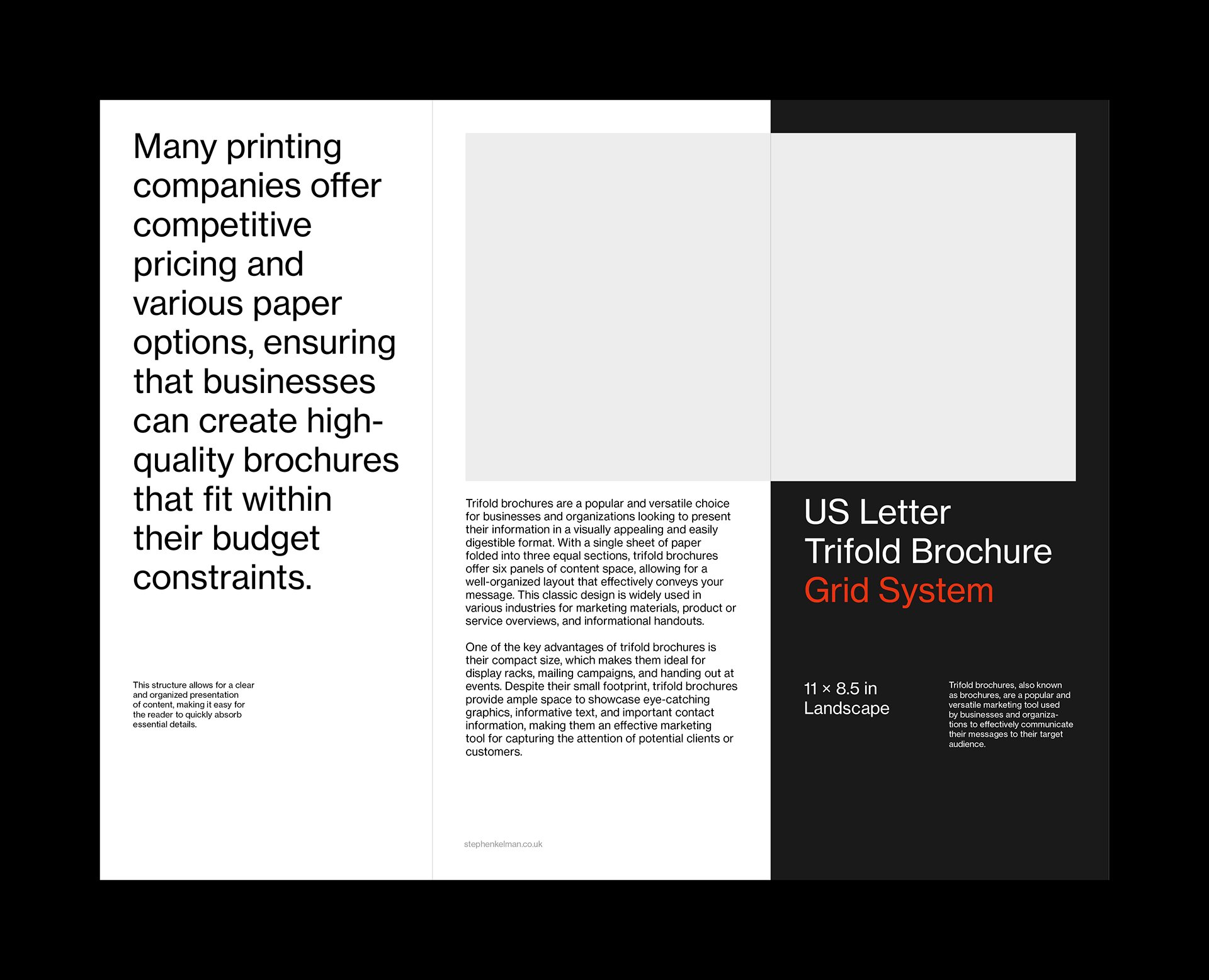 Outside layout example for a minimal style US letter format trifold brochure template for Adobe InDesign