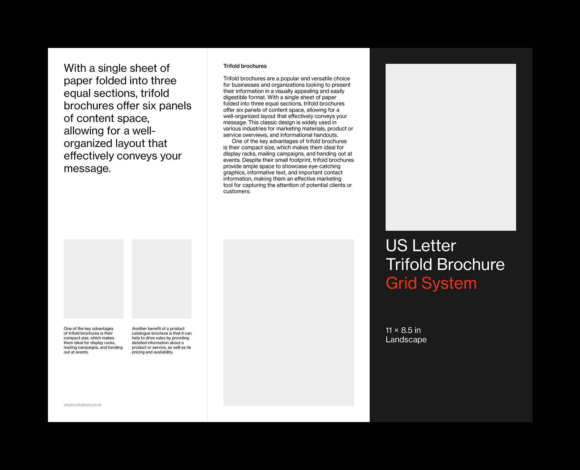 Outside layout for a US letter format tri-fold InDesign template. Layout shows one large image and a mix of text on light and dark backgrounds
